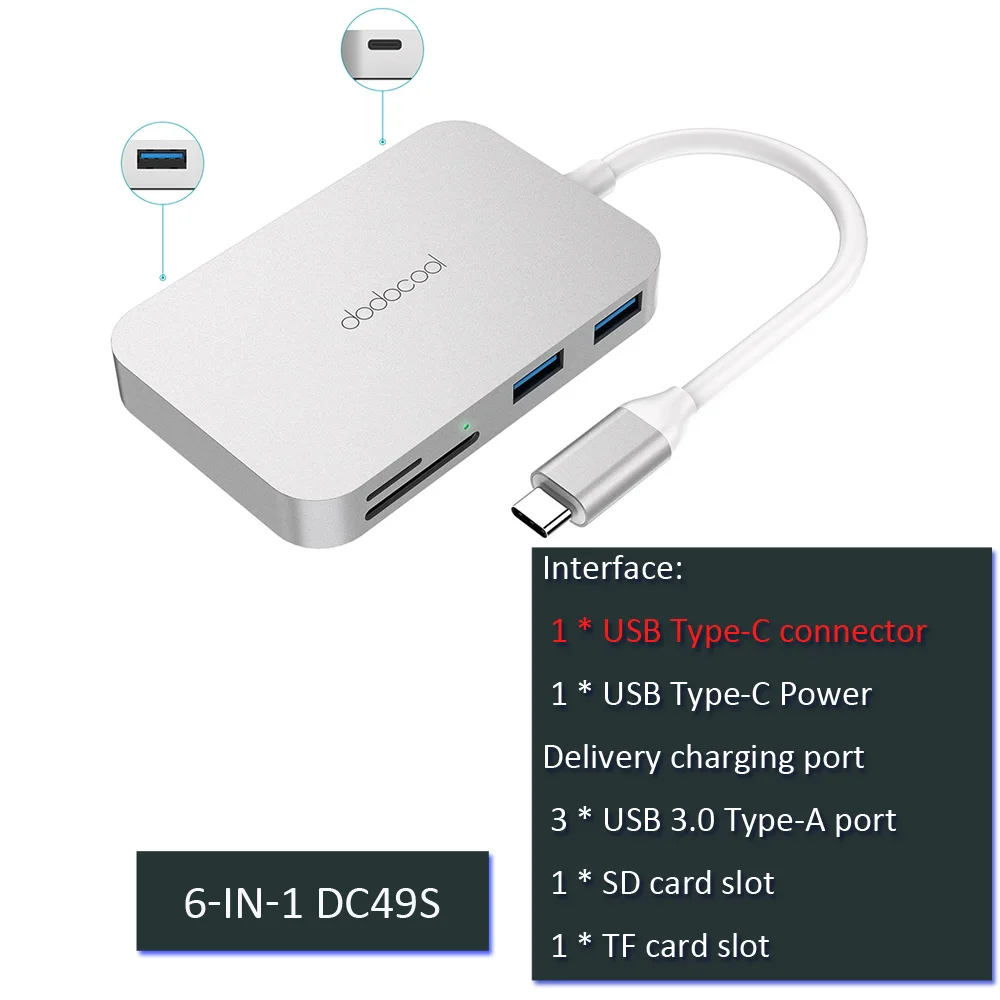 6 in 1 DC49S Dodocool usb концентратор usb 3,0 концентратор type c usb c концентратор с HDMI адаптер док-станция для macbook pro Аксессуары USB-C 3,1 сплиттер - Цвет: 6 in 1 DC49S