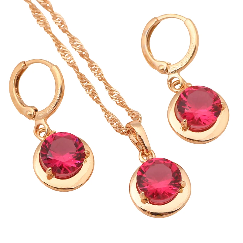 Милый круглый набор стильной бижутерии золотой тон Розовый Красный Кристалл