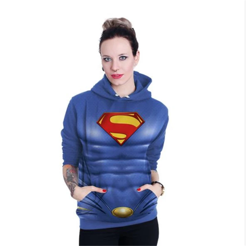 New Halloween Superhero Plays Print Long-Sleeved Hooded Clothes For Men And Women Lovers Superman Blue Hoodies | Женская одежда