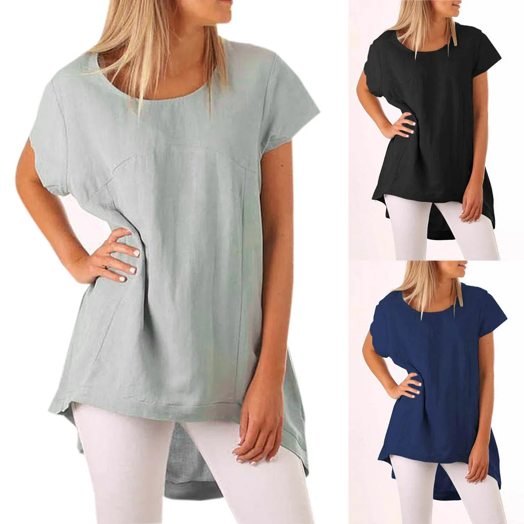 Женская туника топы Летняя женская одежда большие размеры круглый вырез хлопок