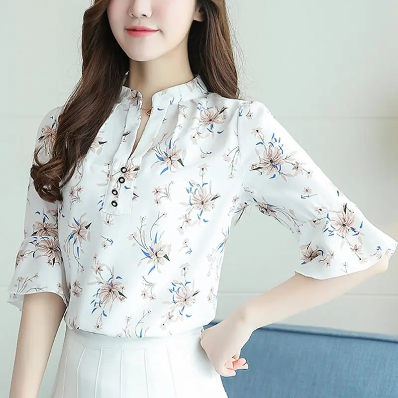 Бежевый Blusas Femininas, новинка, модная шифоновая блузка, женские блузки с принтом, рубашки с цветочным принтом, летние женские топы, большие размеры - Цвет: Бежевый