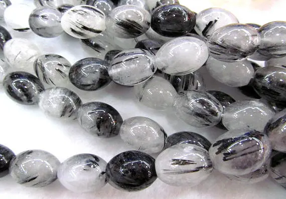 

high quality 12x16mm LOT genuine black rutilated quartz barrel rice DIY bead bead --2strands 16inch strand