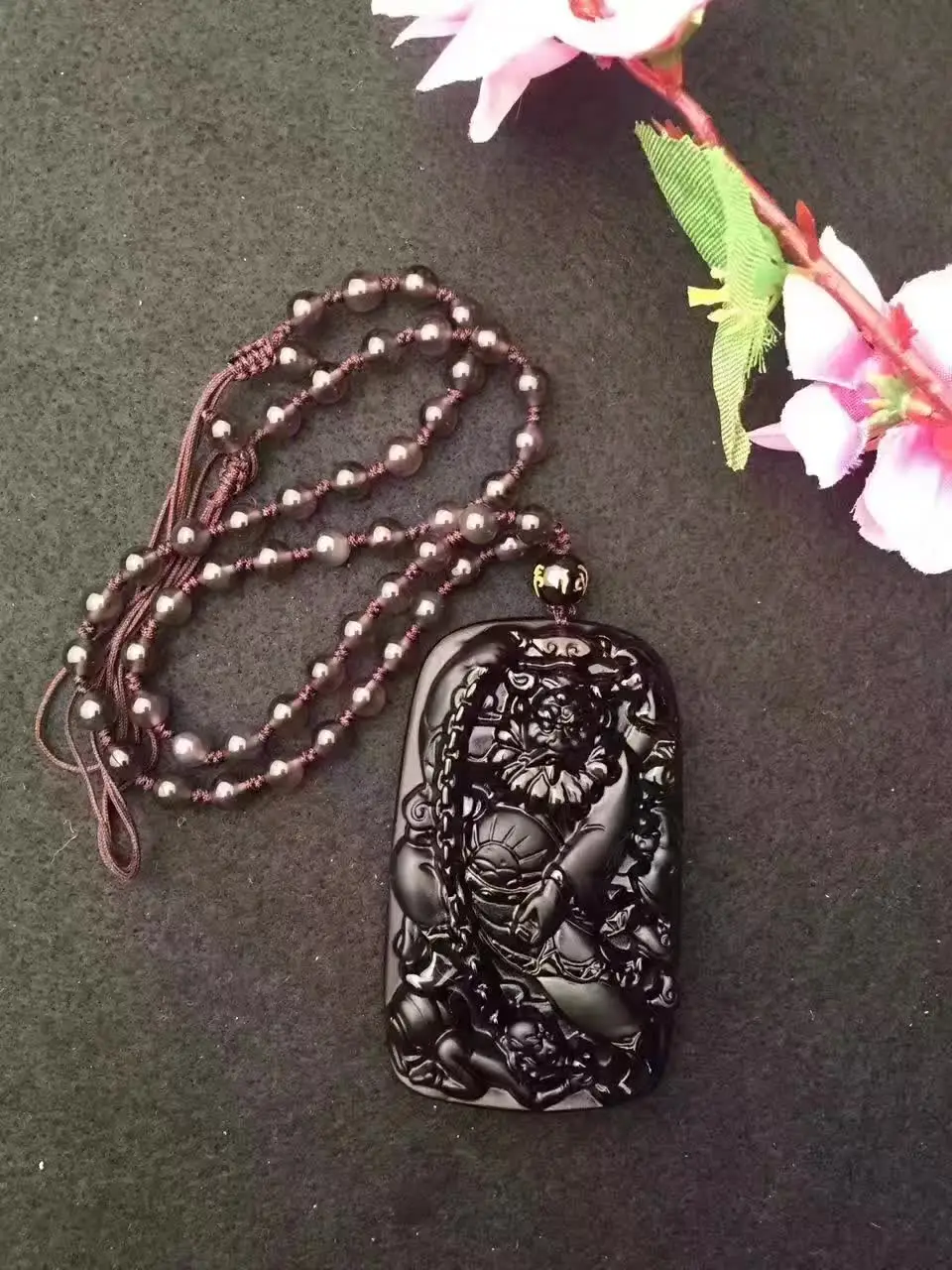 Black Ice Obsidian Carving Catch Ghost of God Buddha Lucky Amulet Pendant Healing Reiki Women Men Bead Chain Necklace Crystal | Украшения и