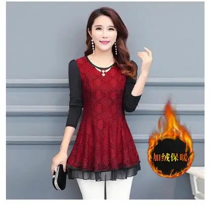 wine red with velvet Зимние базовые рубашки, блузки,, женские милые Лоскутные Топы с длинными рукавами из искусственного материала, 2 предмета, цветочный топ с баской, туника, винтажная кружевная блузка 3XL - Цвет: wine red with velvet