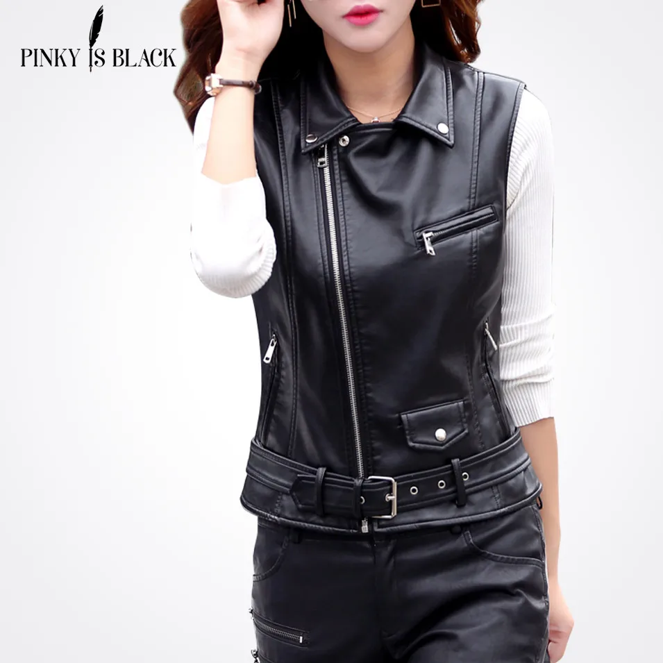 PinkyIsBlack Women PU Leather Vest Ladies Tactical Leather Motorcycle Vest Pocket Vest Waistcoat Female Sleeveless Waistcoat