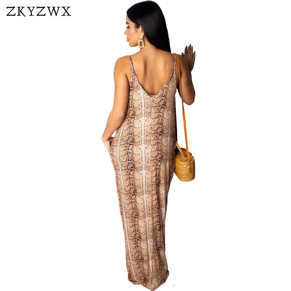 ZKYZWX под змеиную кожу сексуальным вырезом на спине и Maxi Dress Vestidos Для женщин