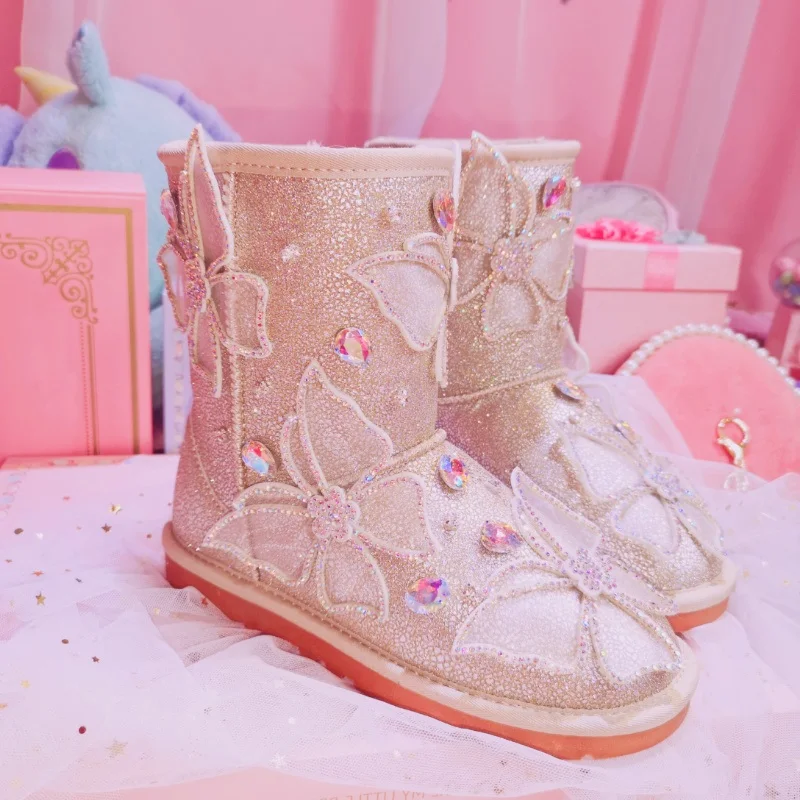 Glitter Boots Women Sweet Butterfly Rhinestones Flat Snow Boots Warm Plush Winter Boots Sparkling Crystal Winter Shoes Woman