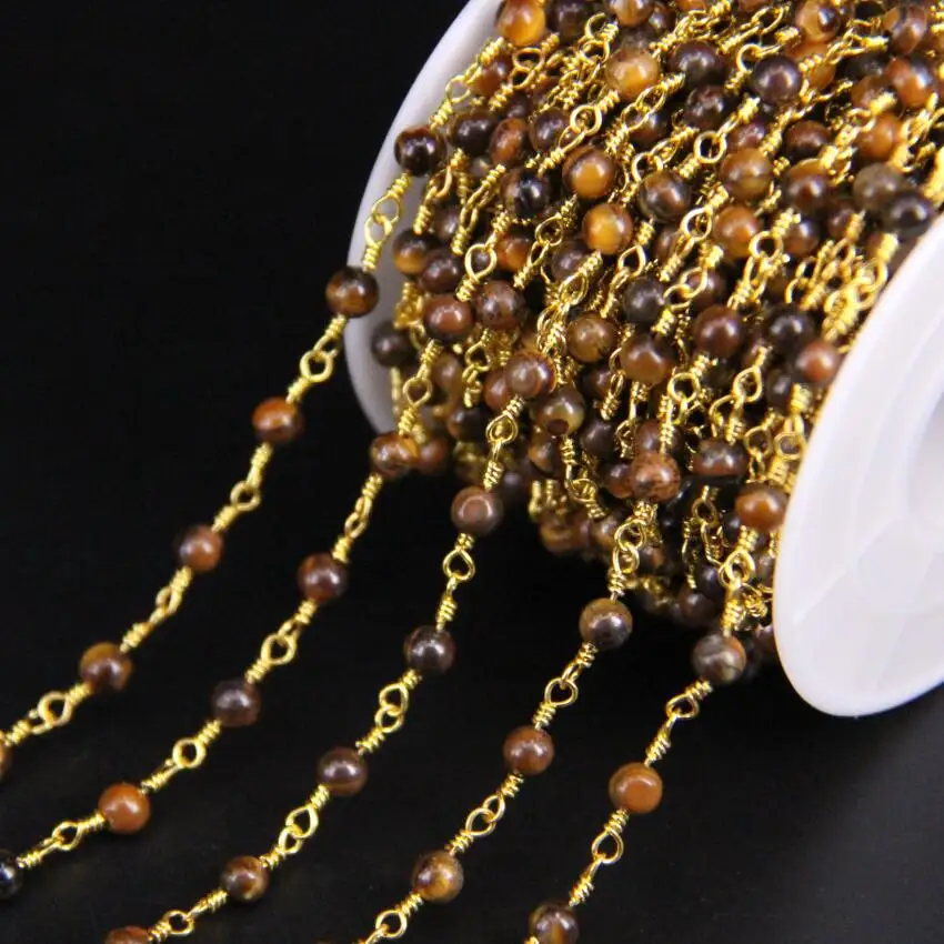 

5Meters,4mm Tiger eye Smooth Round beaded Chain,Natural Stone With Golden Wire Wrapped Rosary Chain DIY Earrings