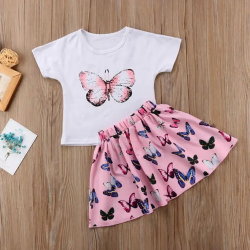 2pcs/set Toddler Baby Girls Butterfly Printed Outfits Clothes Summer Matching Top O-neck T-shirt +Skirts Outfit Set | Детская одежда и
