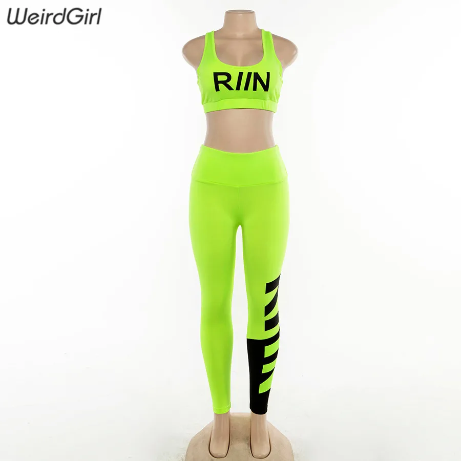 Weirdgirl, новинка, Женский фитнес, тонкий, с буквенным принтом, неоновый, желтый, комплект из двух предметов, топы без рукавов, эластичные, с высокой талией, леггинсы, костюмы