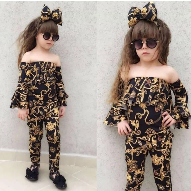 Baby Girl Clothes Set New Kids Fashion Children off shoulder top+pant+headband 3 Pieces girl outfit 2-7 Y | Мать и ребенок