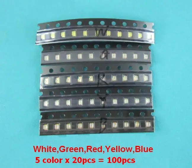 

100 шт./лот 0805 SMD светодиодный комплект, красный, желтый, синий, белый, зеленый светодиод 5 цветов x 20 шт. = 100 шт. Бесплатная доставка