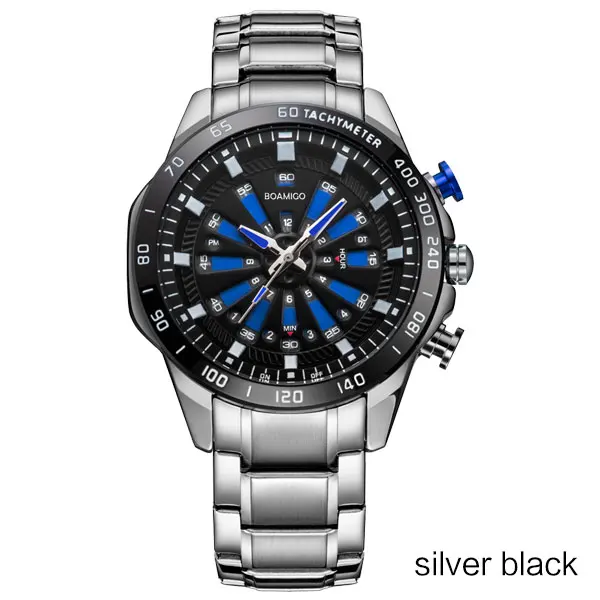 silver black BOAMIGO Креативные мужские спортивные часы, цифровые кварцевые мужские s часы, лучший бренд, роскошные модные наручные часы из нержавеющей стали, водонепроницаемые - Цвет: silver black