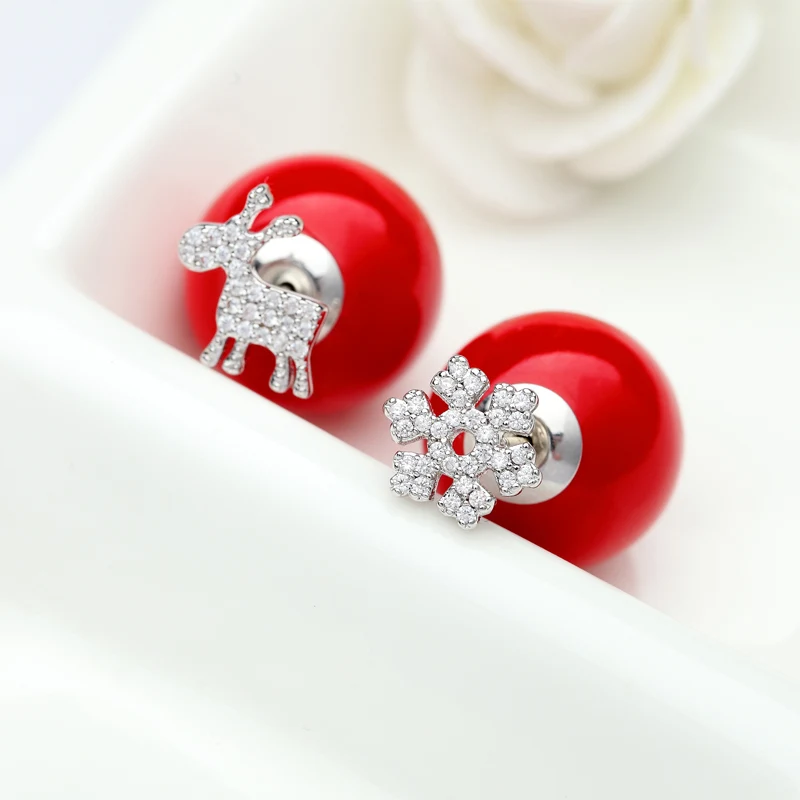 LUOTEEMI New Jewelry Snowflake and Stud Earrings Tiny Shining CZ Crystal Red Imitation Pearl Double Side Brincos Christmas Gift|stud earrings|stud