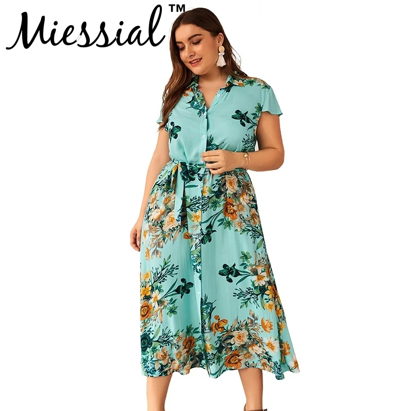 Зеленый Miessial Elegant floral short ruffle sleeve dresses Women green PLUS SIZE party dress for Female winter club beach midi dress XL - Цвет: Зеленый