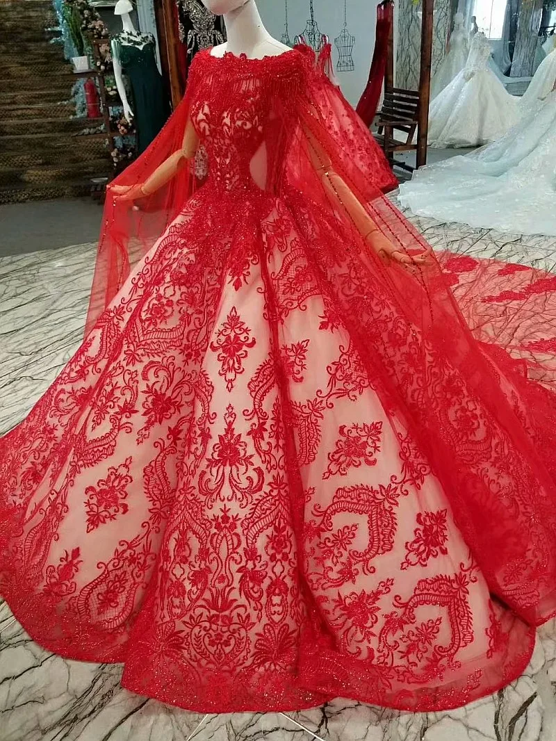 LS325411 красное винтажное бальное платье для невесты, свадебные вечерние платья с коротким рукавом, вырез лодочкой, кривая форма, длина до пола, платья с длинной накидкой