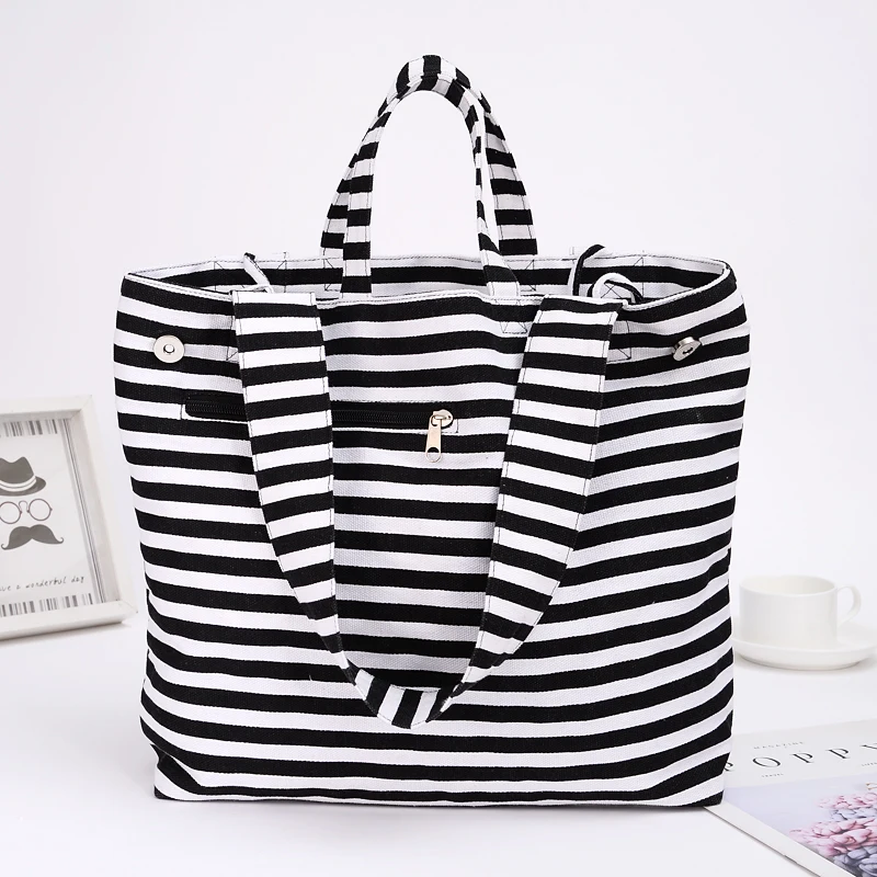 2019 Canvas Fashion Durable Women Black and white stripes Shoulder Bag Shopping Tote Flax Cotton Shopping Bags Maximal