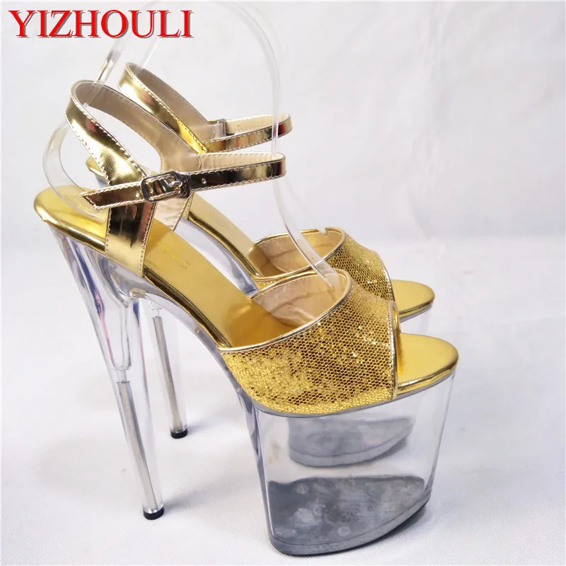 

Glitter bright look sexy sandals necessary 20 cm thick bottom heels catwalk golden Sandals Transparent rose decoration