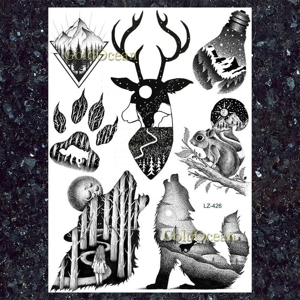 Золотой Океан Черный Рукав Мерцающий Тигр Женские Геометрические Татуировки Наклейки Мужской Грудь Волк Тату временного алмазного пика Мотыль Татуировки.