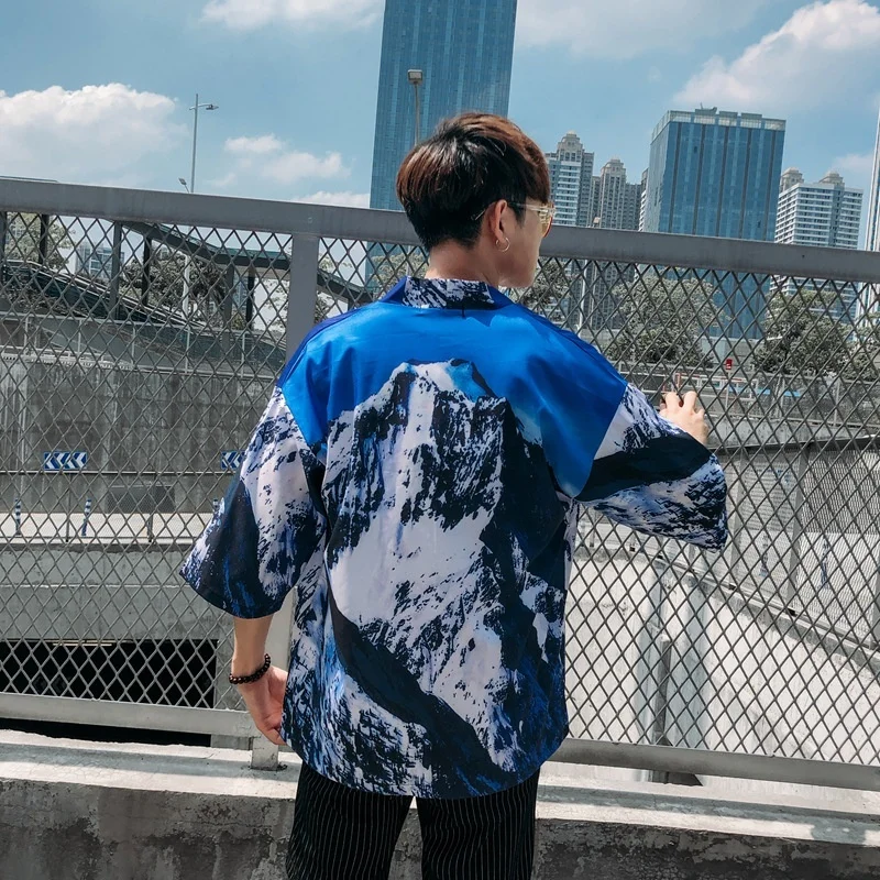 Мужская свободная летняя куртка в японском стиле кимоно с рукавом 3/4 кардиган