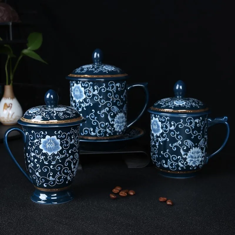 

225/425ml Jingdezhen Boutique Blue and White Porcelain Office Teacup with Cover Ceramic Tea Water Coffee Milk Mug Home Drinkware