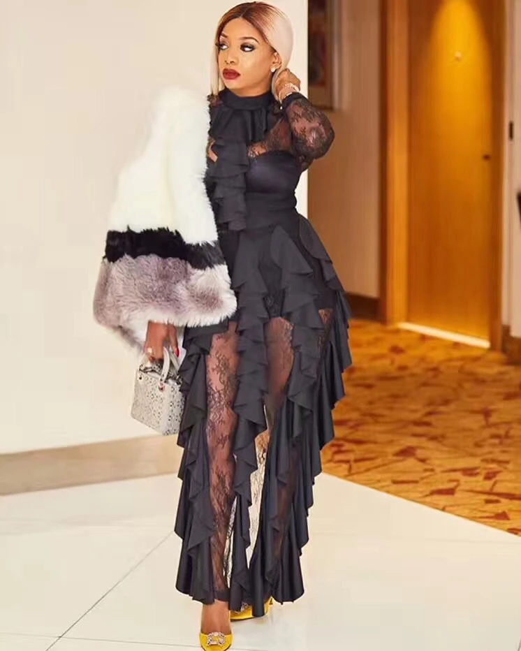 Женское Сетчатое платье с оборками Черное вечернее облегающее из вискозы