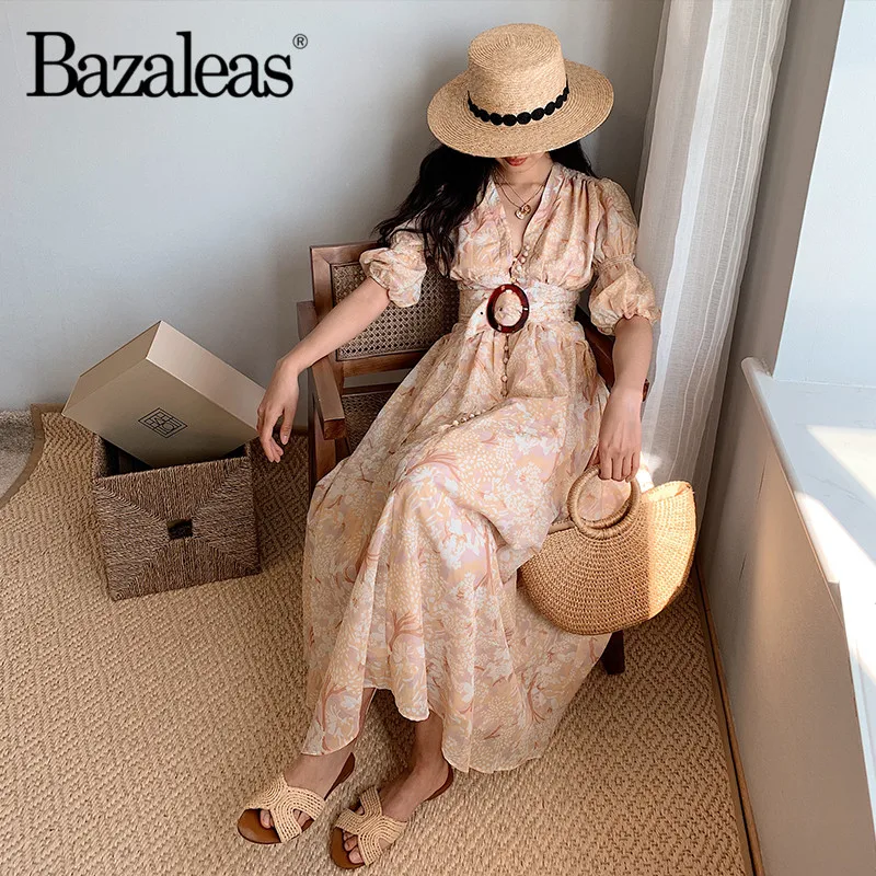 Женское винтажное платье с поясом Bazaleas длинное праздничное v-образным вырезом и