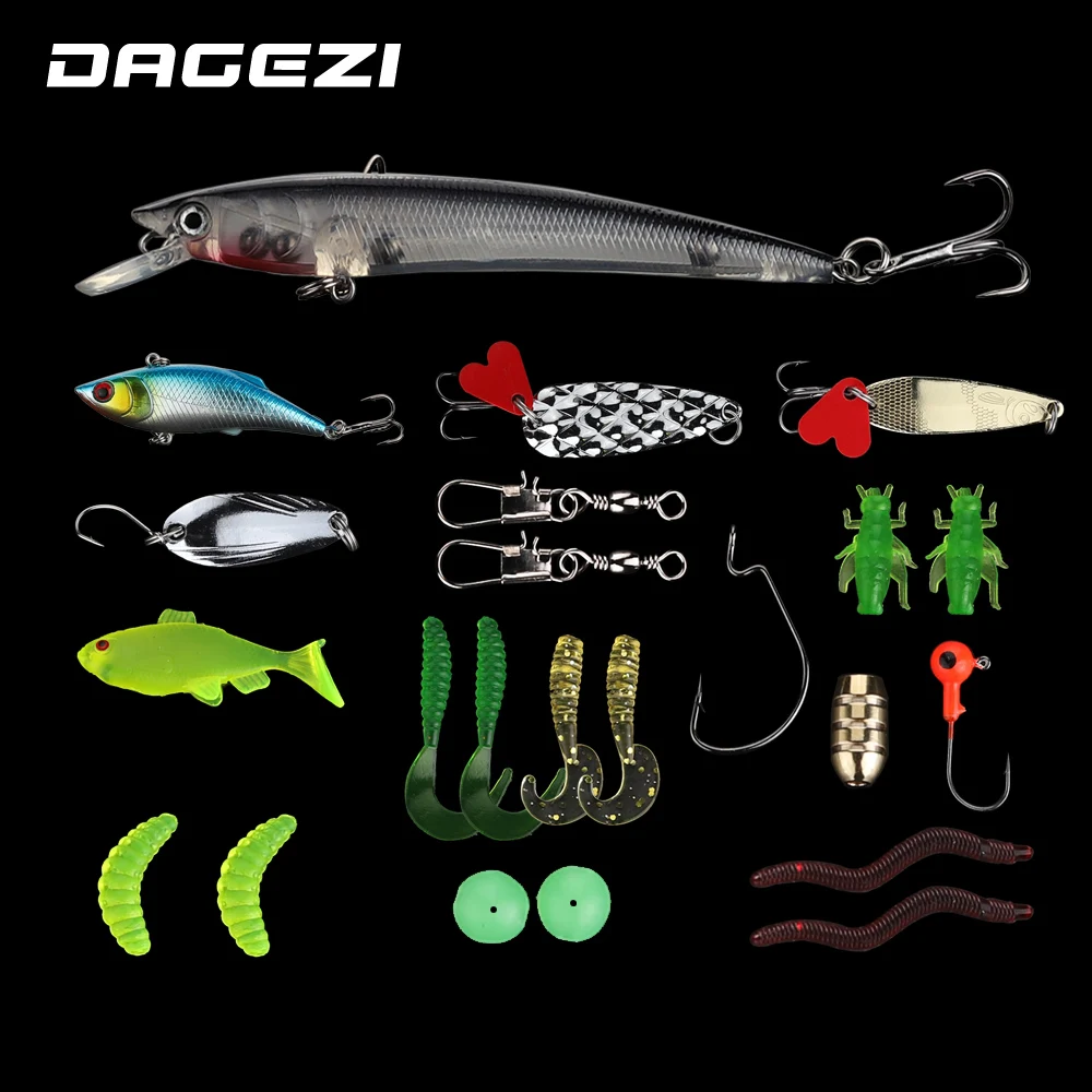 

DAGEZI 23 шт. Рыболовная Приманка Minnow Поппер ложка Jig Head Крючки рыболовные, приманки комплект ювелирных изделий с коробкой искусственные приманки рыболовные снасти