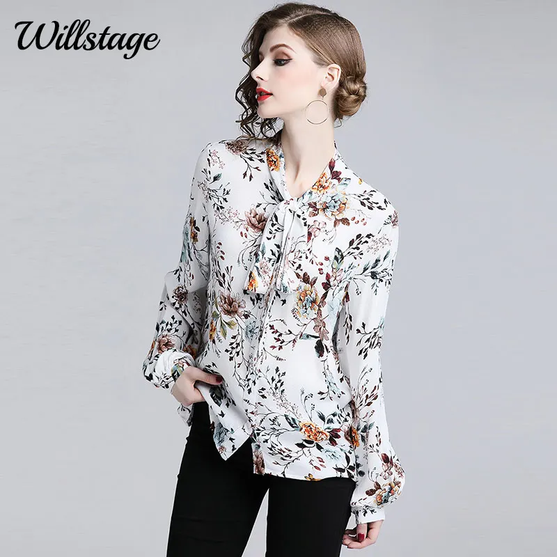 Женская шифоновая блузка Willstage с цветочным принтом бантом на шнуровке длинными