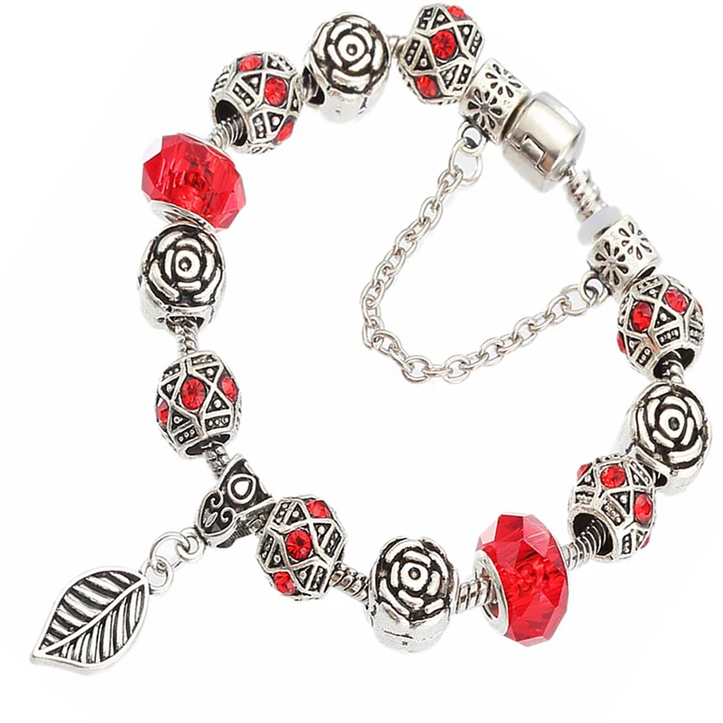 YKIN NEW Fashion Silver plated Bangles Crystal Beads Leaf shape Bracelets Antique Charm Vintage Jewelry for Women | Украшения и