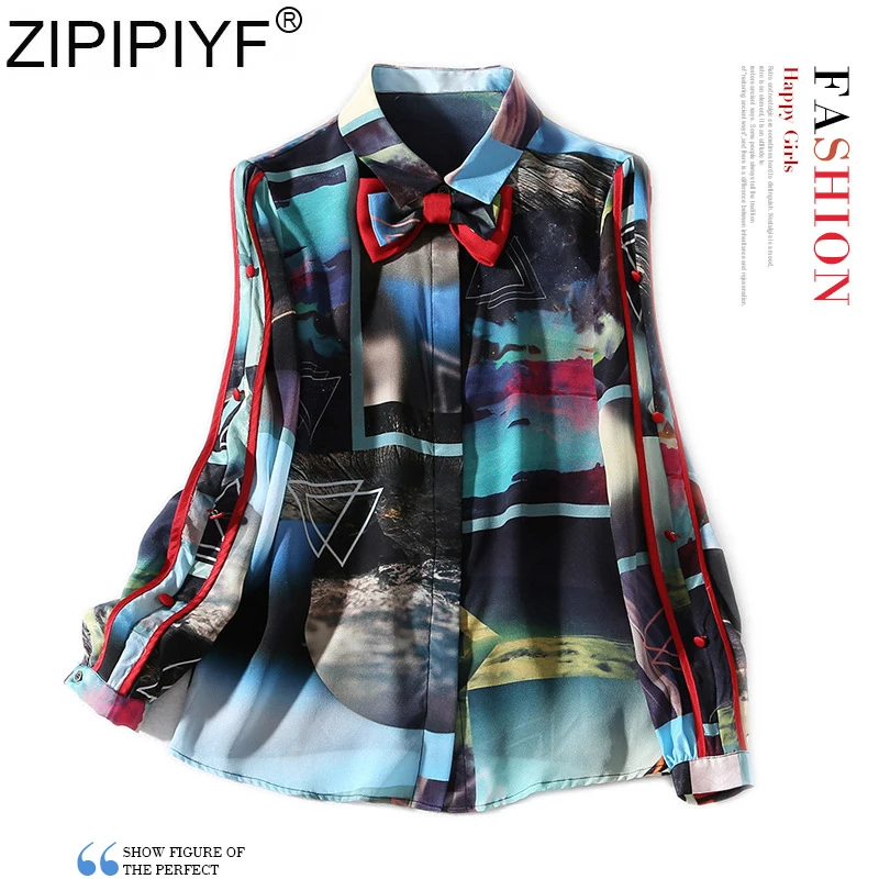 Vintage blouse shirt Female top print slik blouse Women shirts long sleeve turn down collar tops and blouse with bow tie Q076