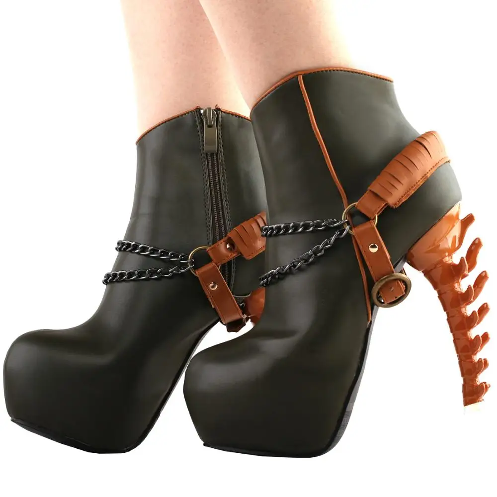 

LF80680 SHOW STORY Vintage Rockabilly Two Tone Buckle Chain High-top Bone Platform Ankle Boots