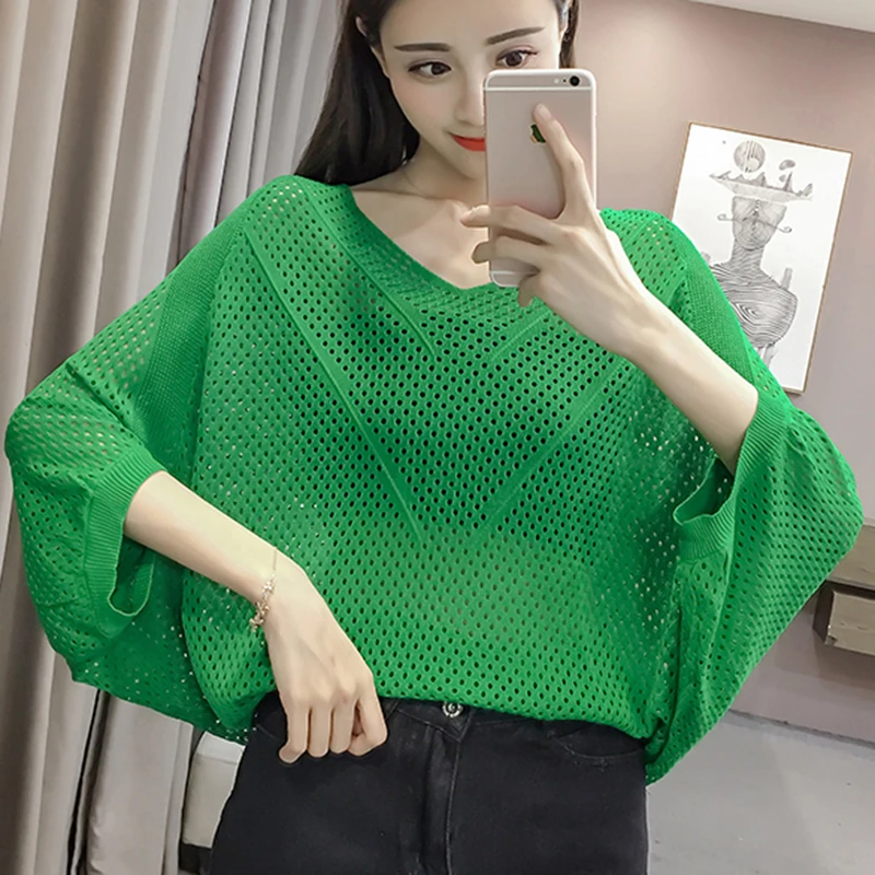 Женский трикотажный топ с V образным вырезом рукавом летучая мышь|Футболки| |