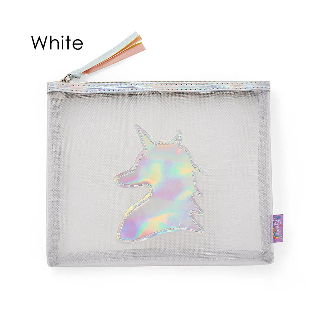 White 1 шт. Женская модная косметичка с принтом единорога, сетчатая косметичка для девушек, сумочка на молнии, косметический чехол для путешествий, аксессуары для макияжа, сумка - Цвет: White