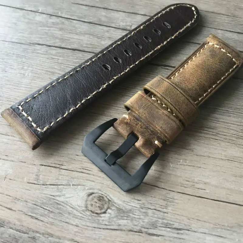 MERJUST 22mm 24mm Italy Brown Crazy Horse Genuine Leather Watchband Wristband For PAM PAM111 PAM441 Big Pilot Watch Strap