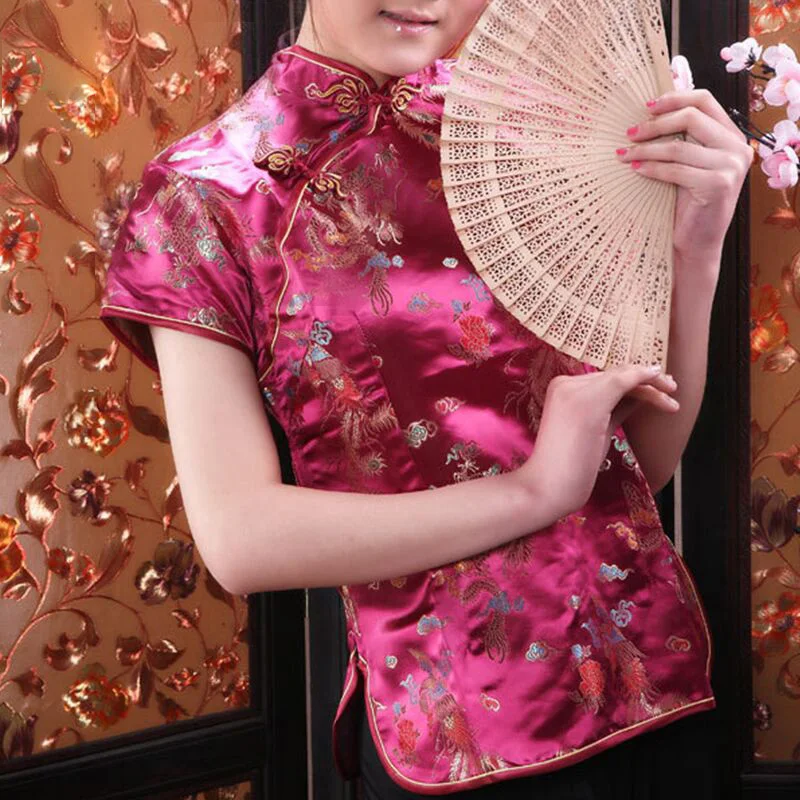 Rose red 6146 Ретро китайские женские Cheongsam топы дракон феникс вышитые рубашка Ципао традиционные с короткими рукавами кофточка Ципао размер S-3XL - Цвет: Rose red 6146
