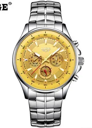 Steel gold LIGE спортивные мужские часы, мужские кварцевые наручные часы, водонепроницаемые, ударопрочный стальной ремешок, черные армейские мужские часы, мужские часы Hodinky+ коробка - Цвет: Steel gold