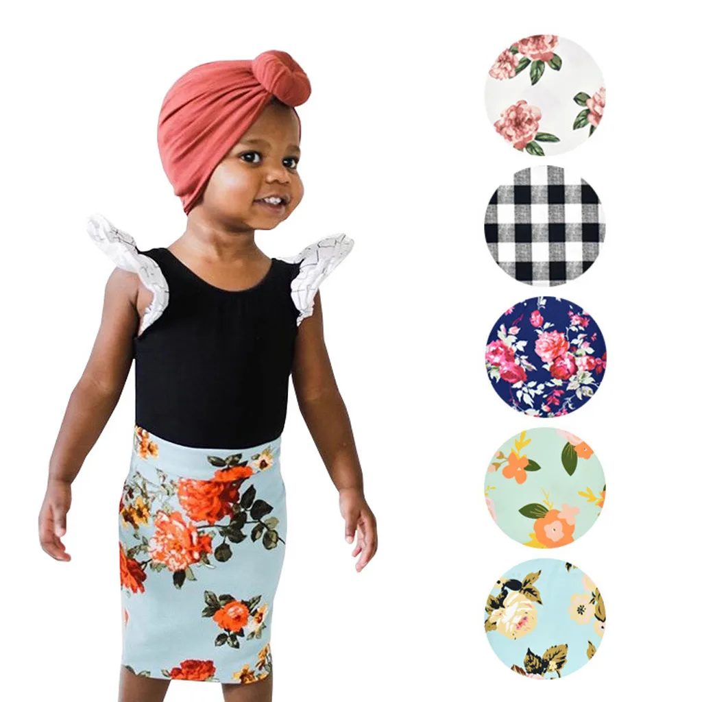 Детская клетчатая юбка карандаш с цветочным принтом для маленьких девочек