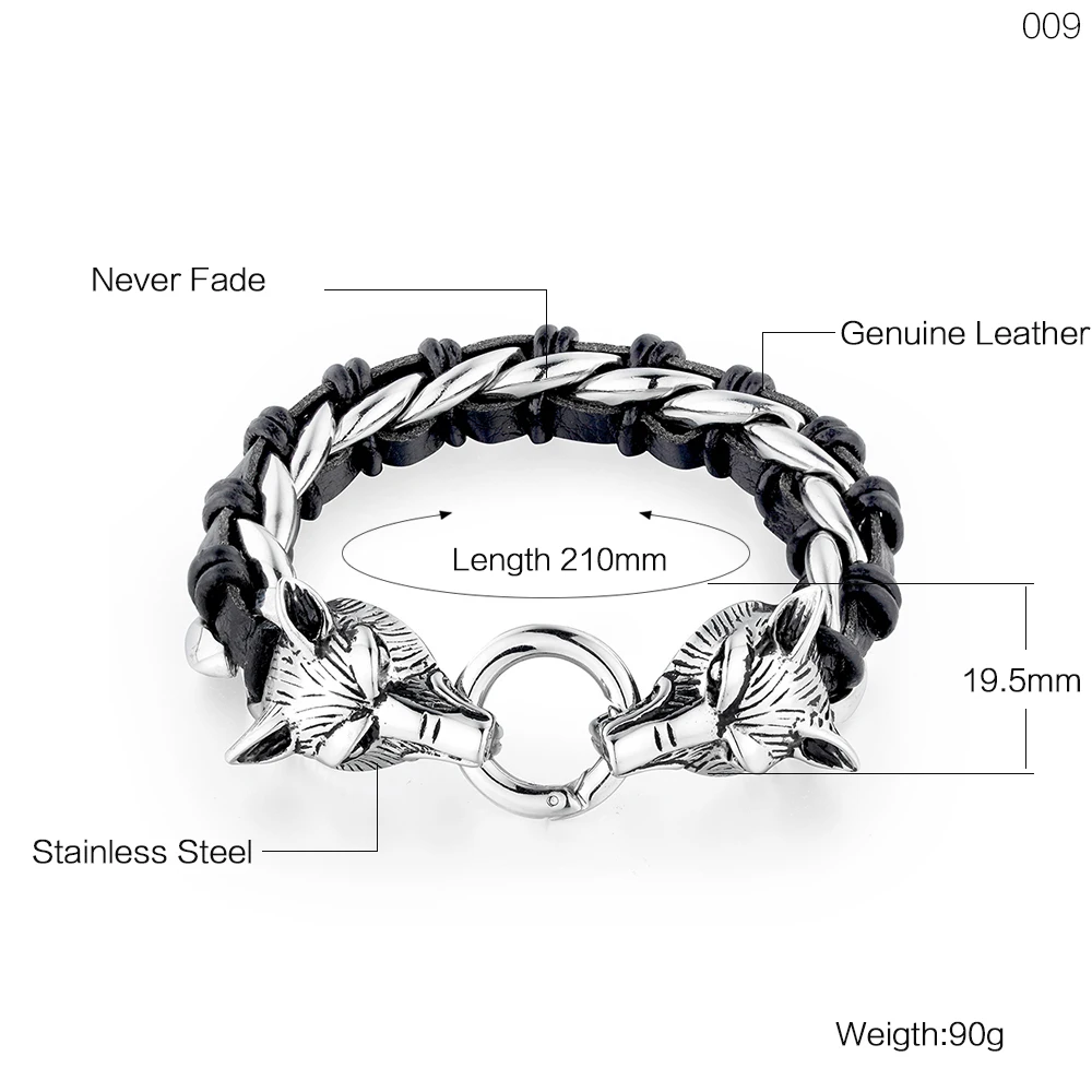VPK 2019 new Wolf head leather woven titanium steel 316l bracelet Fashion Punk Rock hot sale Jewelry | Украшения и аксессуары