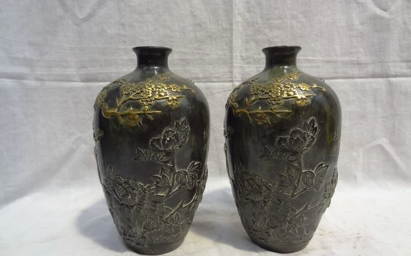 8 &quotКитайский Бронзовый Свинка Птица 2 Сорока Сосна Статуя HanZi Горшок Ваза Пара