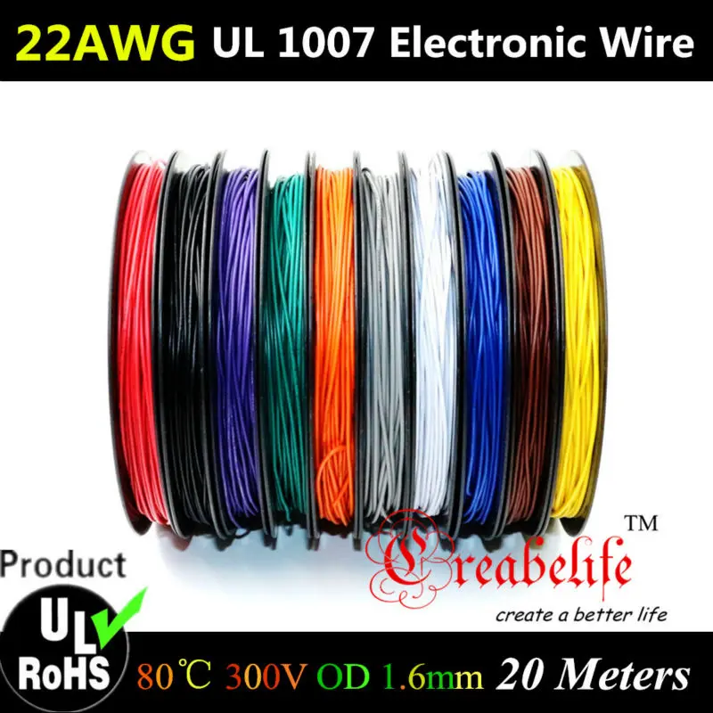 20 метров/рулон 22 AWG гибкий многожильный 10 цветов UL 1007 диаметр 1 6 мм электронный