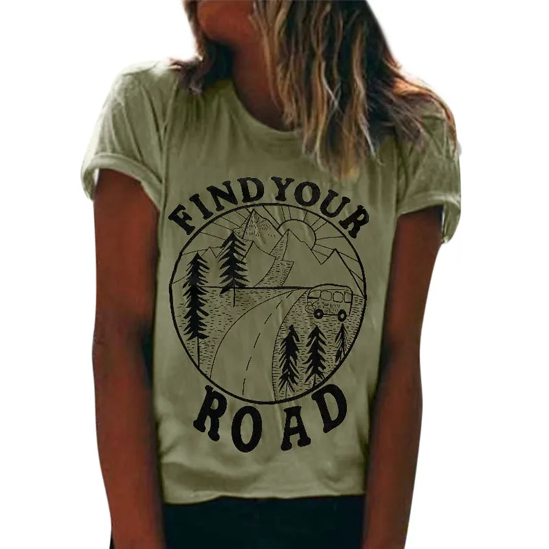 Женская футболка летняя с коротким рукавом и надписью Find Your Road круглым вырезом