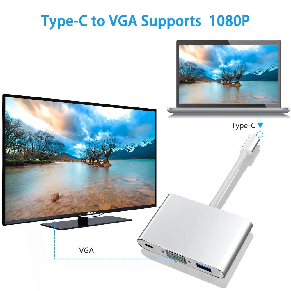 3 в 1 USB C к VGA многопортовый адаптер 0 концентратор Type-C женский зарядный порт и