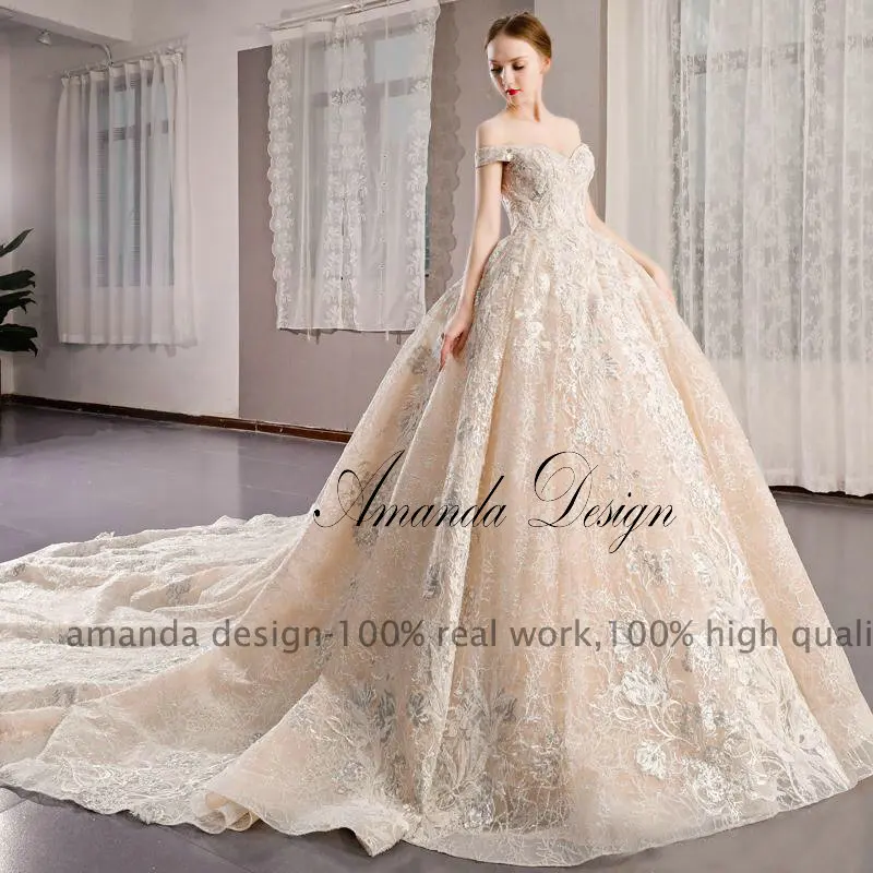 Аманда дизайн халат mariage с открытыми плечами кружева аппликации свадебное платье цвета шампань длинный поезд
