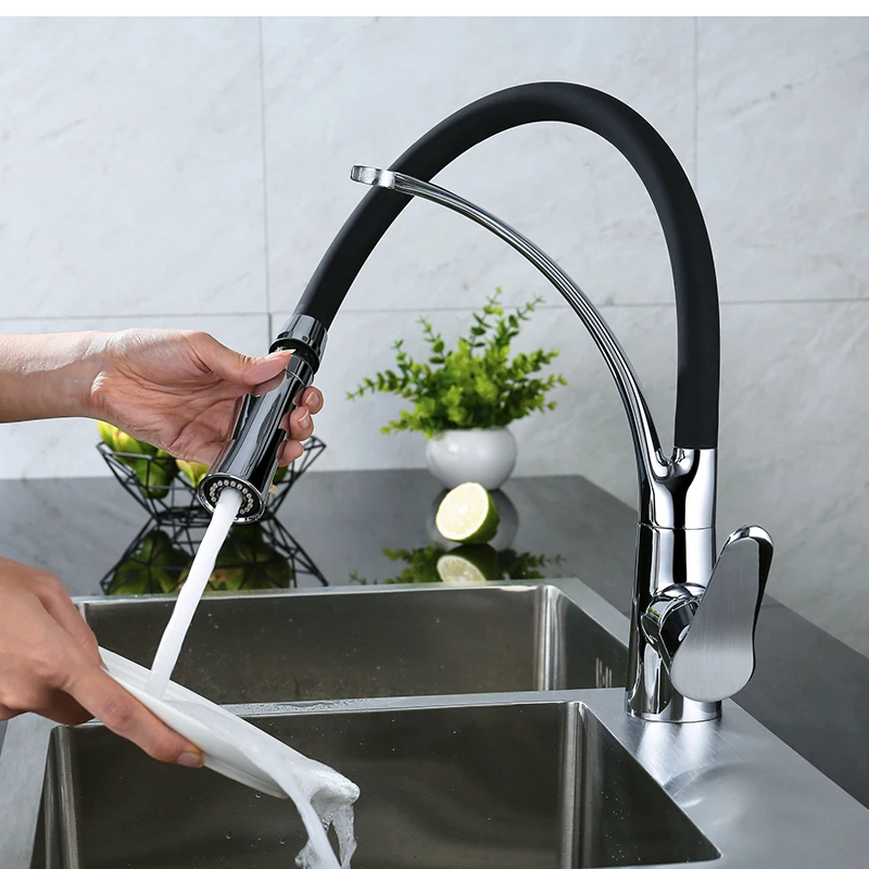 LOY Kitchen Mixer Faucet 1 Set Crane Sink Polished Chrome Single Handle 360 Swivel black Neck Tap Hot And Cold Water 02002 | Обустройство