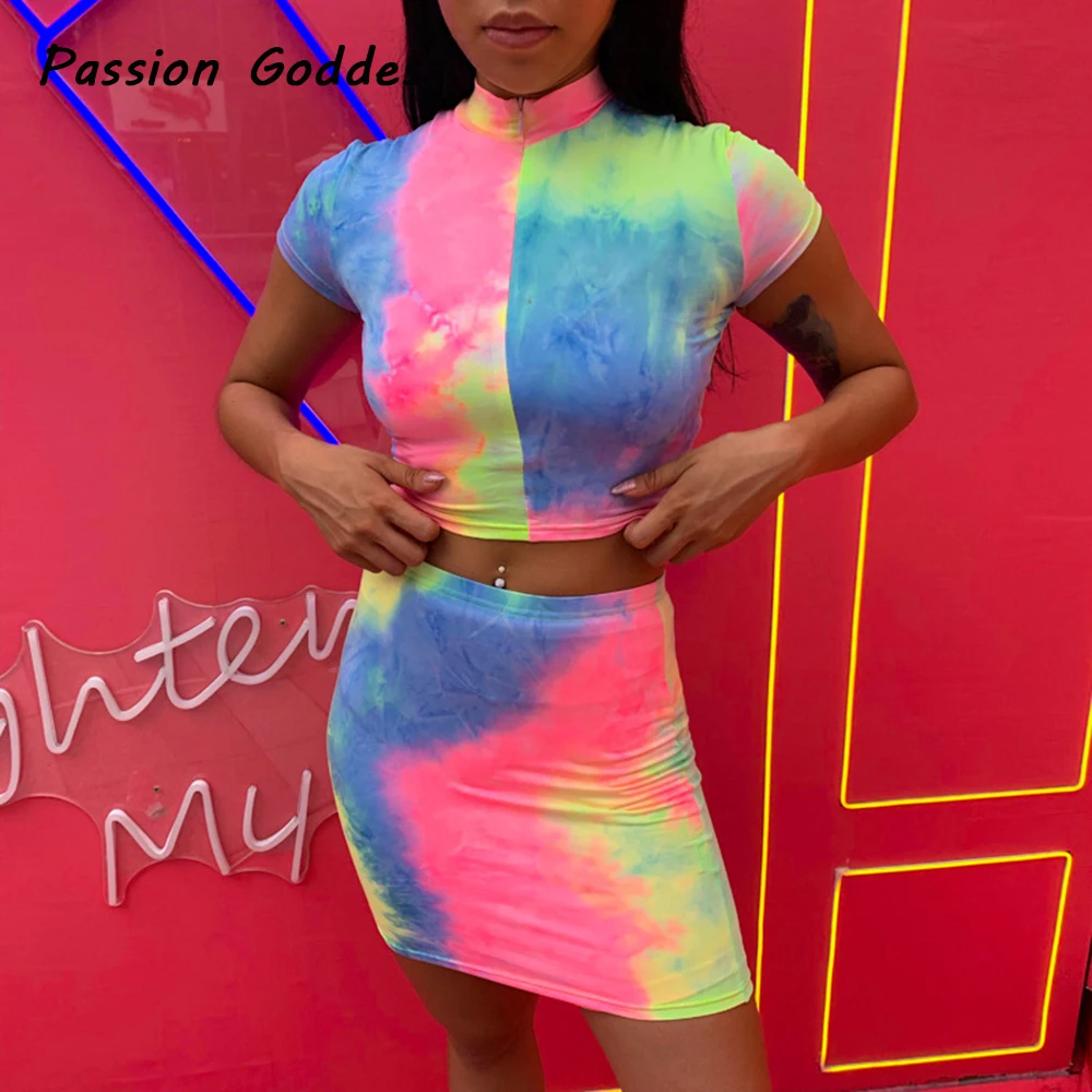 

Sexy Women 2 Piece Skirts Sets Rainbow Printed Zipper Shirts Elastic Skinny Cropped Tops Mini Package Hip Skirts Matching Sets