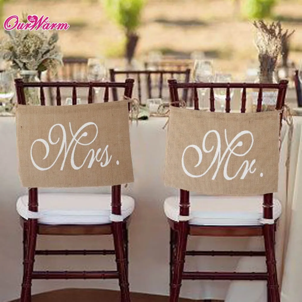 OurWarm Khaki Mr& Mrs Burlap Chair Banner Set Chair Sign Garland Rustic Wedding Party Decoration 30 x 20cm