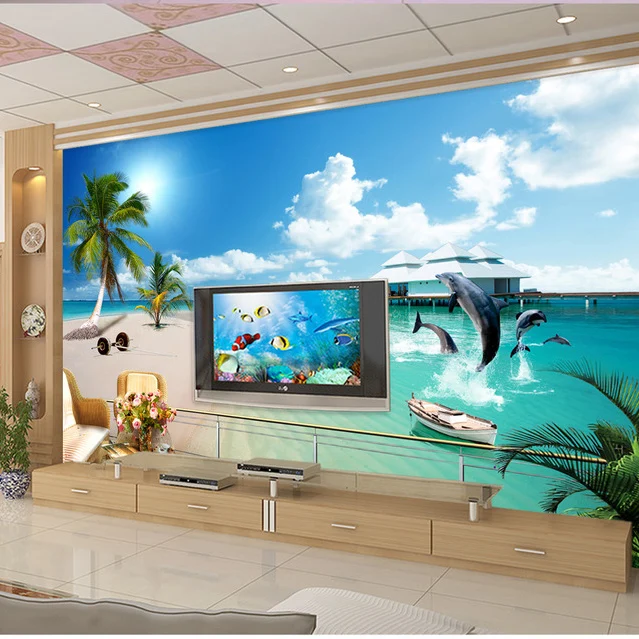 

3D photo wallpaper 3D Beach Palm Aegean Sea living room sofa TV backdrop wall Mediterranean Hotel Lobby wallpaper mural