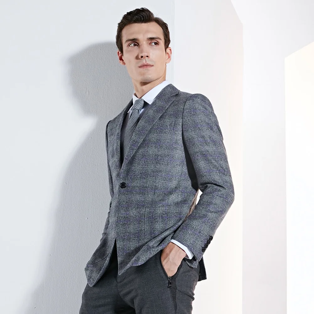 100% wool blazer men grey plaid mens clothes 2018 new autumn winter warm fashion single breasted wedding groom wear full sleeve