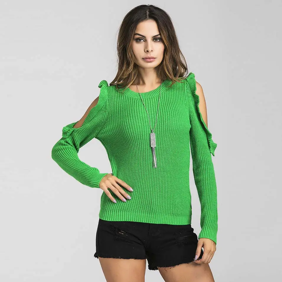 

Pinky Is Black cold shoulder knitted sweater women Casual Ruffles streetwear pullover female Sexy autumn winter jumper
